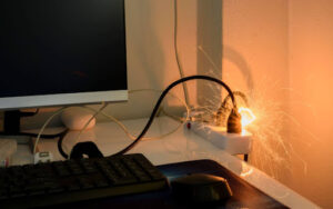 An electrical outlet sparking and catching fire near a computer.