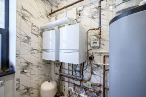Tankless water heater installed in bathroom.