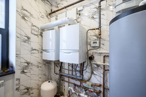Tankless water heater installed in bathroom.